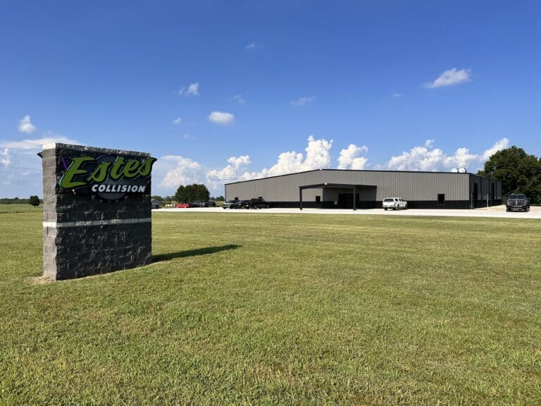 Estes Collision LLC business signage outside their collision repair shop in Miami, Oklahoma