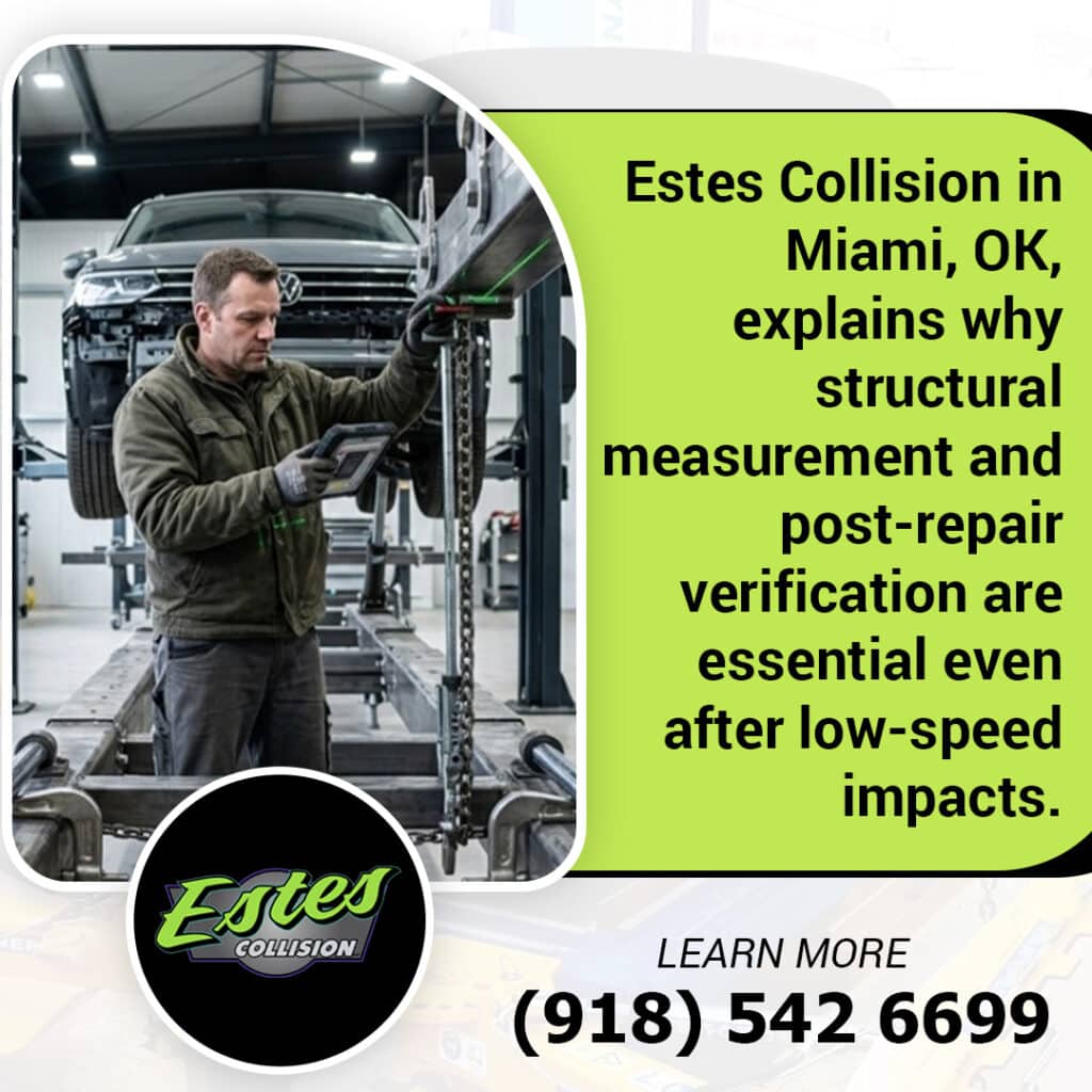 technician performing structural measurement and post repair verification on vehicle frame in Miami Oklahoma