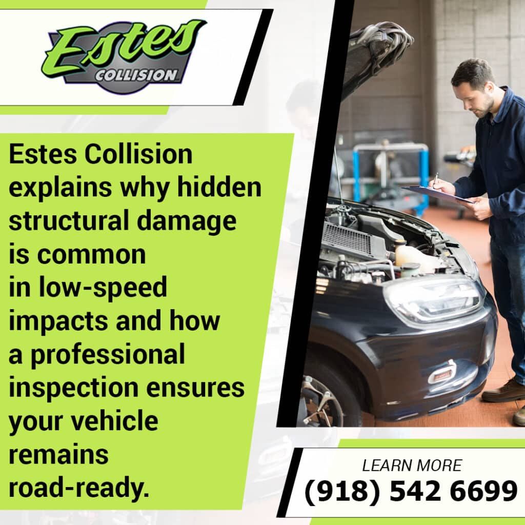 Collision repair technician inspecting a vehicle at Estes Collision to identify hidden structural damage after a low-speed impact