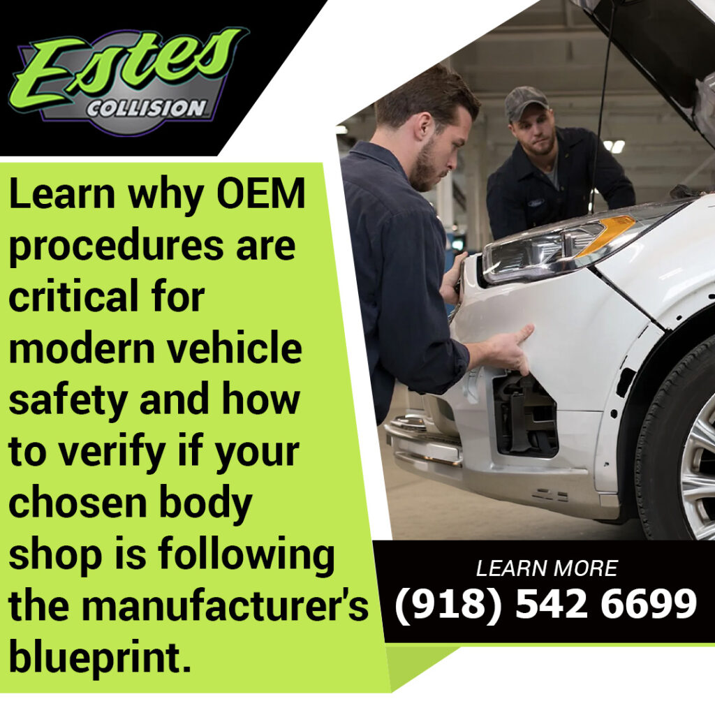Collision repair technicians at Estes Collision following OEM repair procedures on a white vehicle to support modern vehicle safety