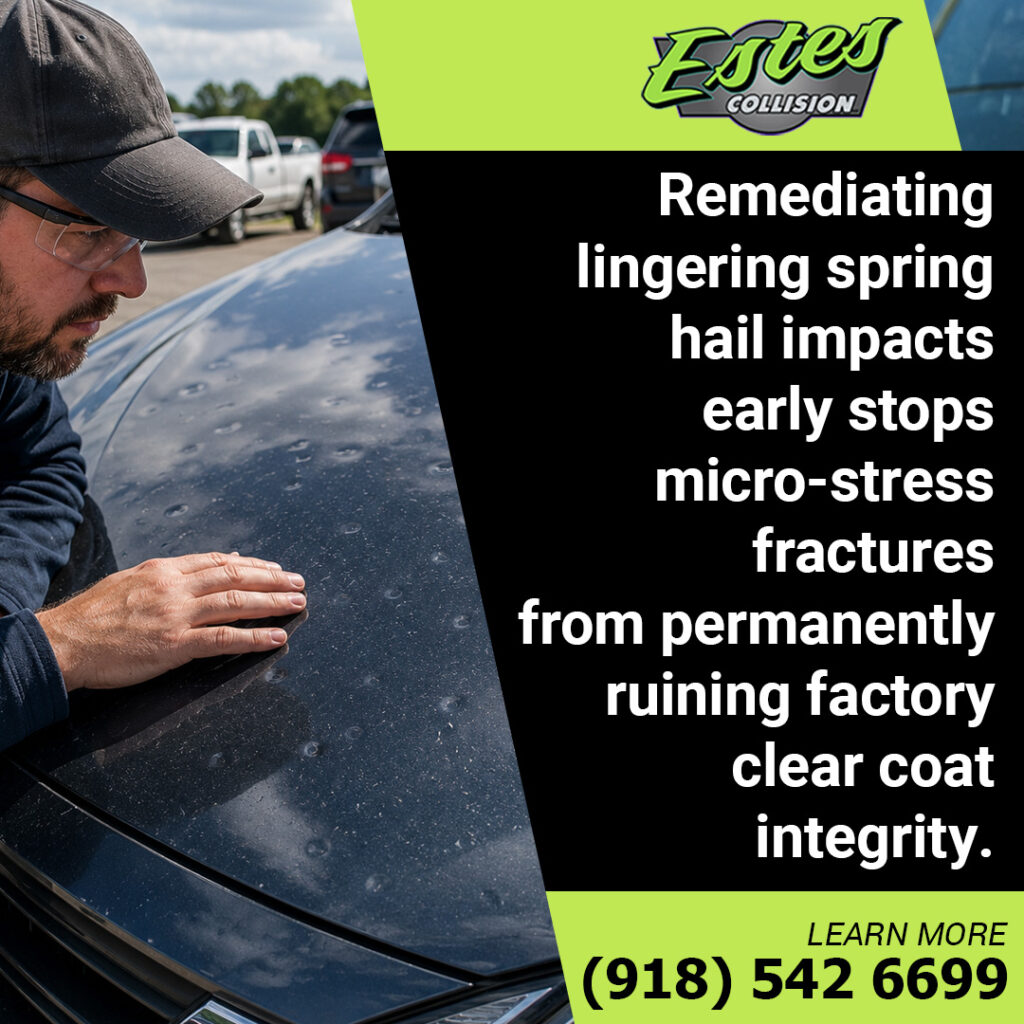 Graphic from Estes Collision highlighting the importance of repairing spring hail damage early to protect clear coat integrity.