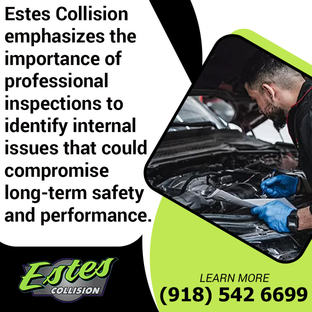 Graphic from Estes Collision highlighting the importance of professional inspections, showing a mechanic examining an engine bay.
