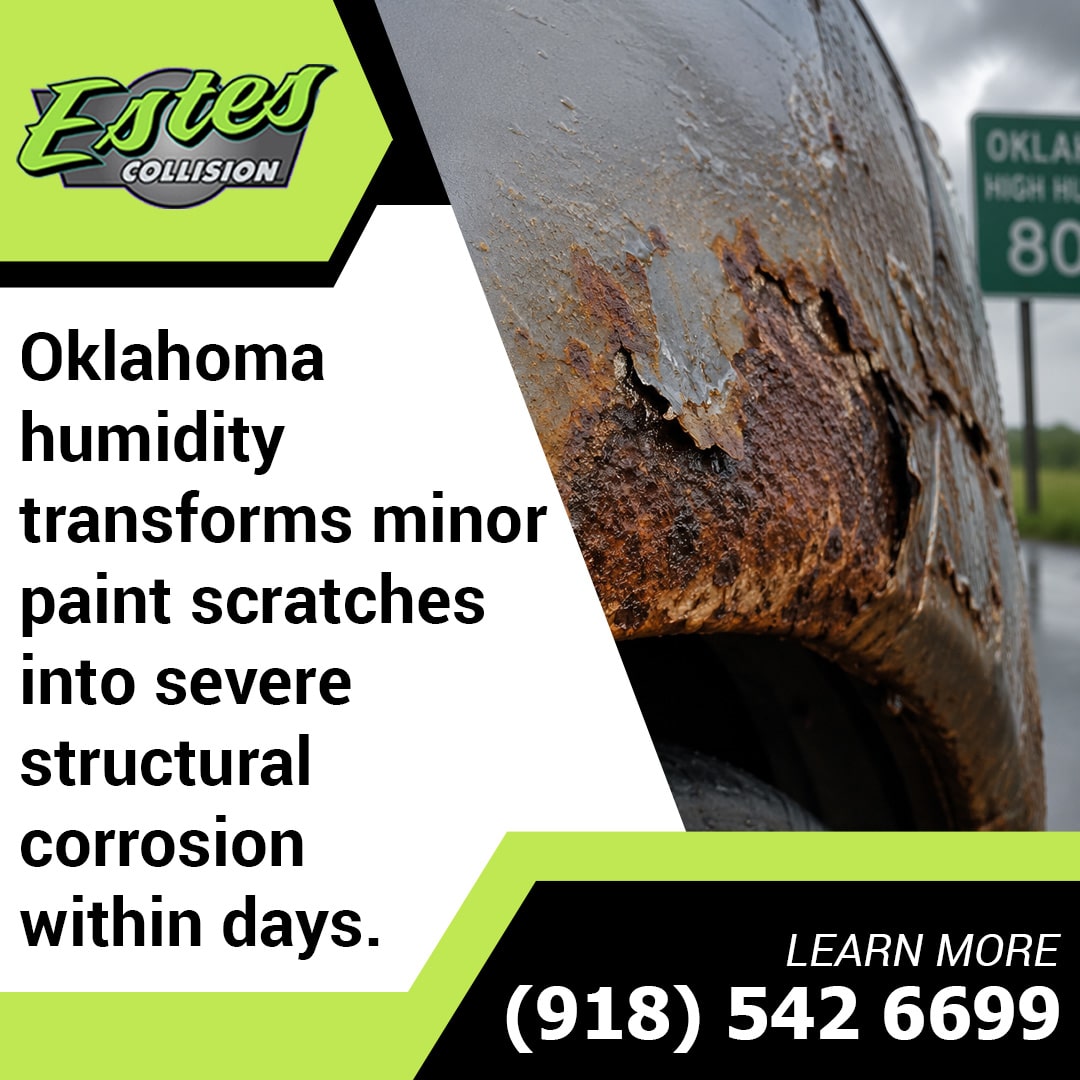 A extreme close-up of severe rust damage on a vehicle fender next to an Oklahoma highway sign, with warning text about humidity and corrosion.