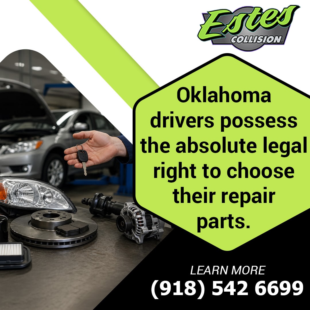 A mechanic handing over car keys next to auto replacement parts, including brake rotors, headlights, and an alternator in a shop.