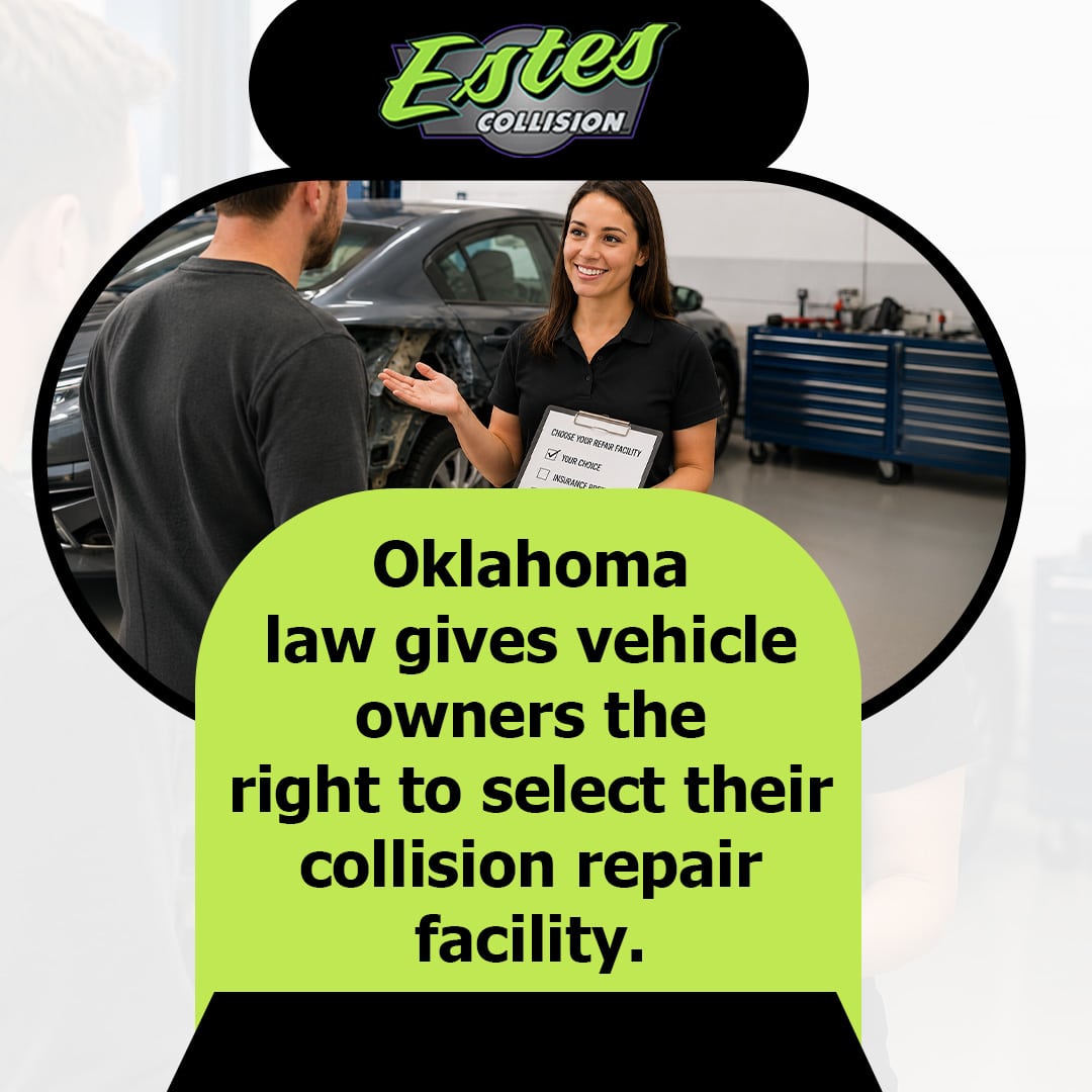 Female service advisor holding a repair facility choice clipboard while explaining repair options to a customer in an auto body shop.