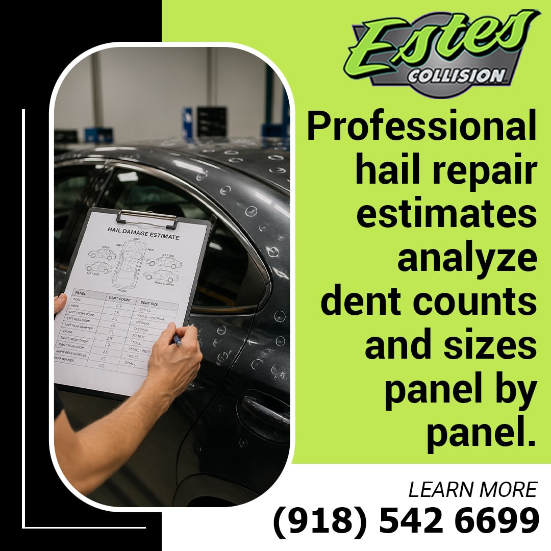 Auto damage estimator holding a hail damage estimate sheet on a clipboard next to a car marked with multiple circled hail dents.