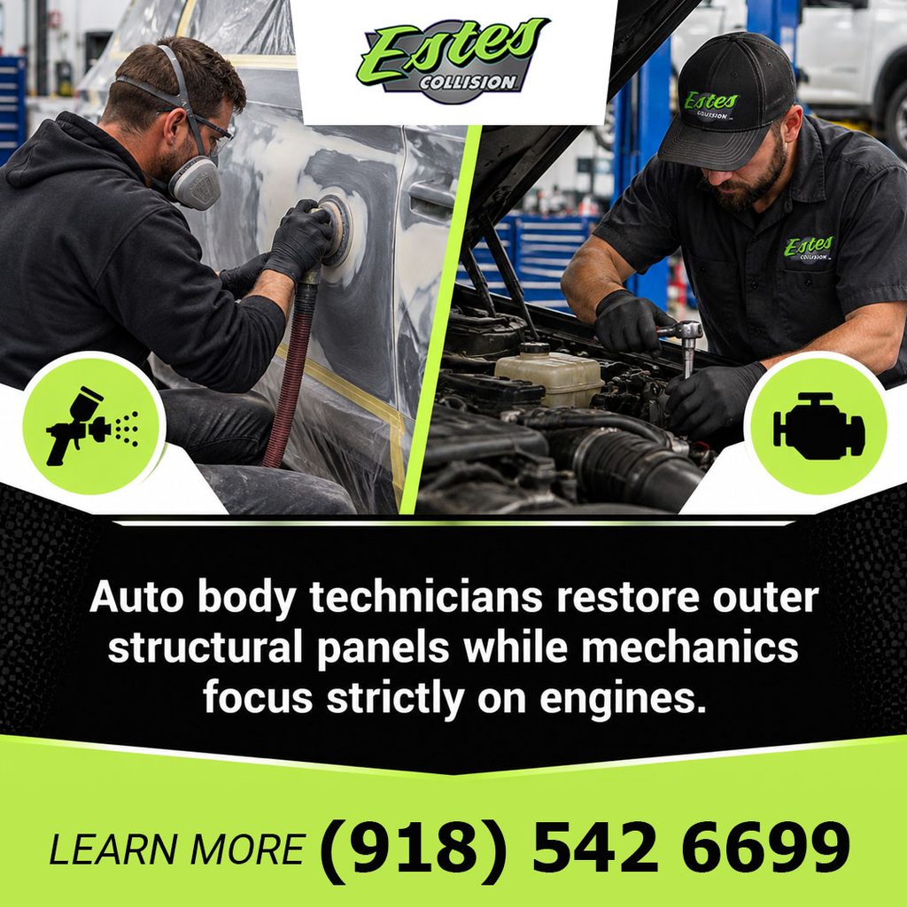 A split comparison showing an auto body technician sanding a car door panel on the left and a mechanic servicing an engine block under the hood on the right.