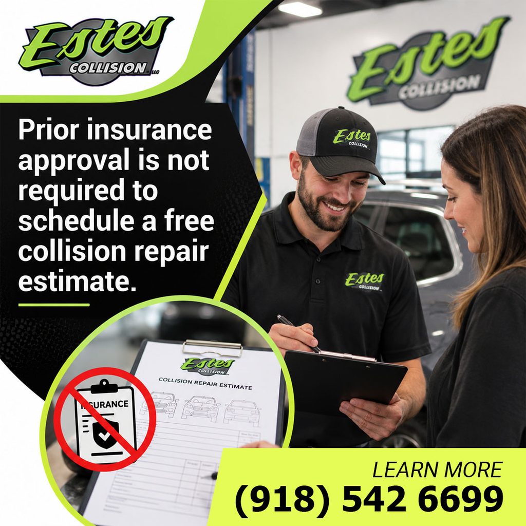 An auto collision repair advisor writing an estimate on a clipboard while discussing vehicle damage with a female customer.