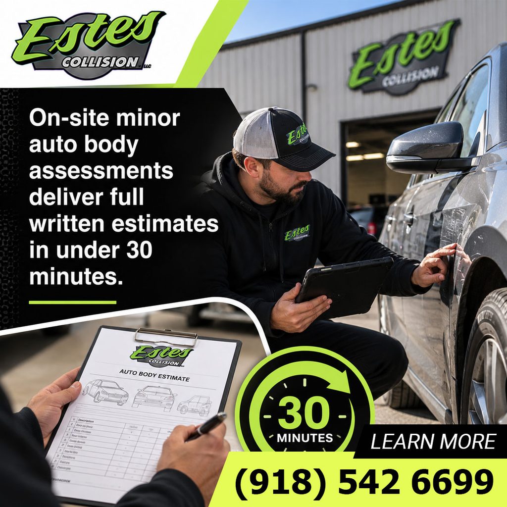 An auto body estimator examining door scratch damage with a digital tablet outside the repair facility next to a clipboard showing a written estimate.