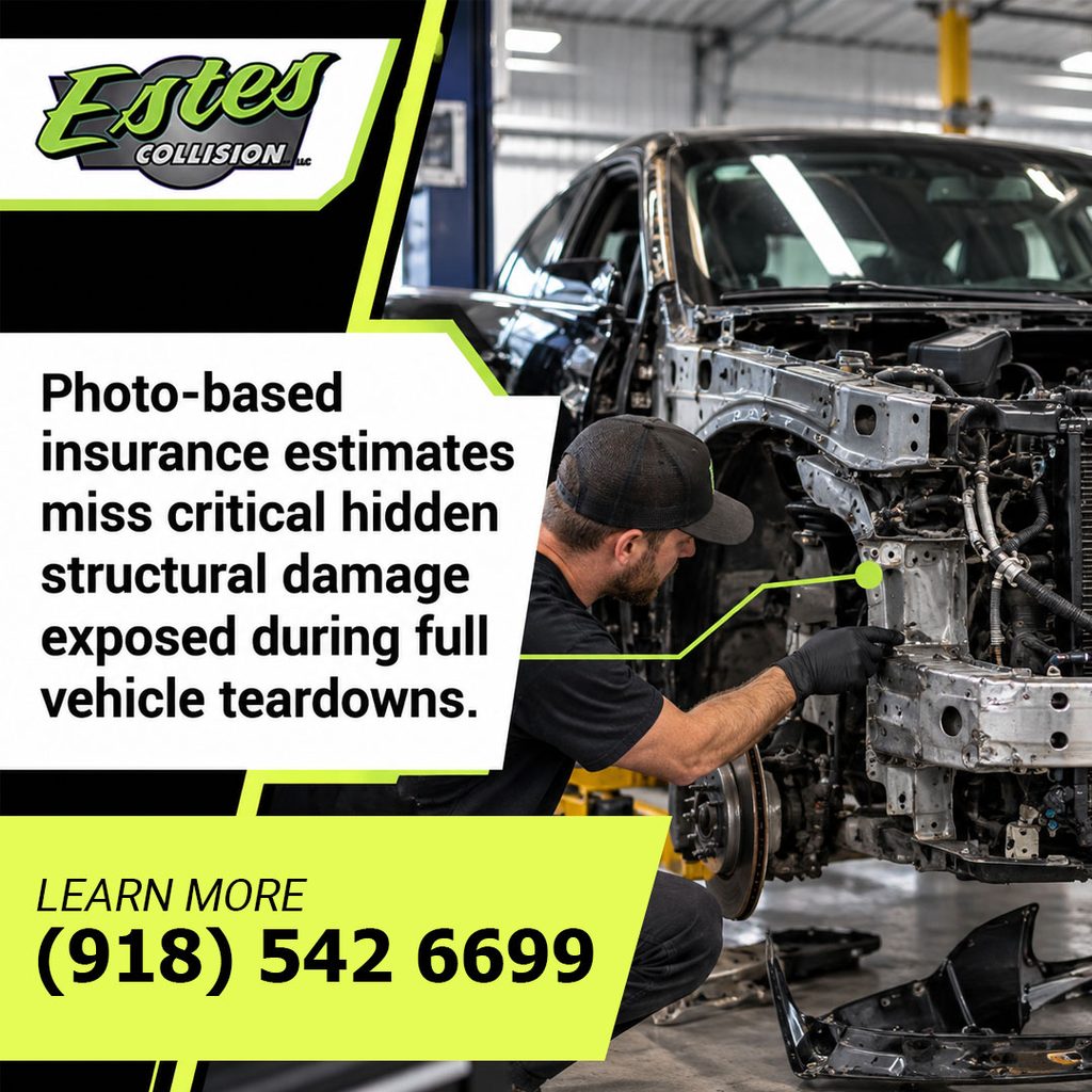 A collision technician inspecting hidden structural frame damage on a disassembled front-end vehicle during a teardown estimate.