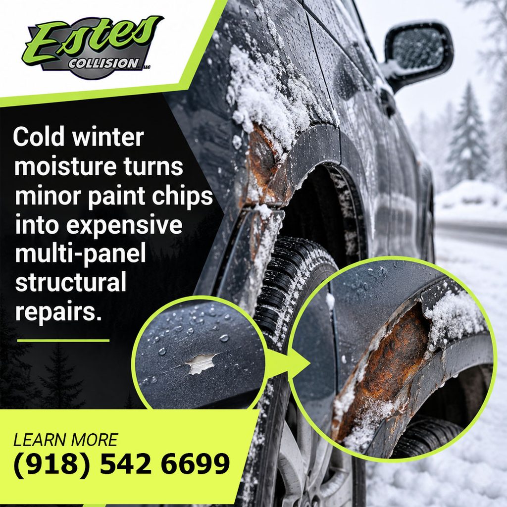 A detailer using a fine-tip touch-up brush to seal a deep paint chip on a snow-dusted car trunk next to rust prevention service benefits.