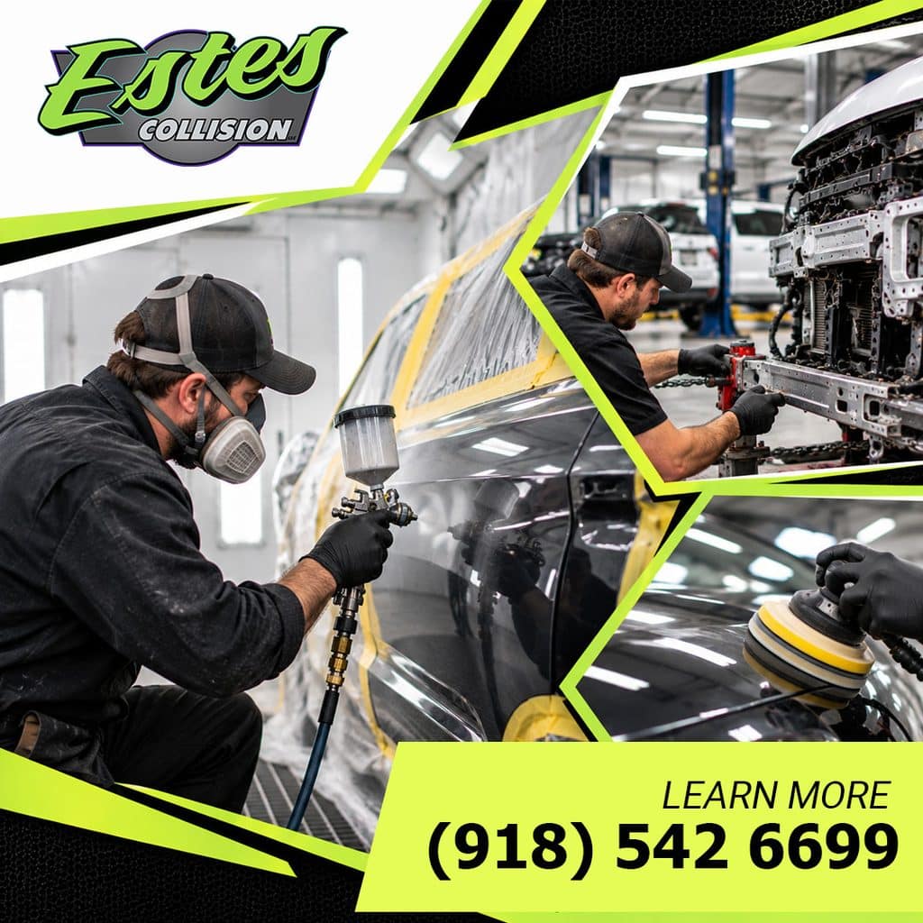 A collision repair technician spraying automotive clear coat in a spray booth, with insets showing hydraulic frame alignment and rotary panel buffing.