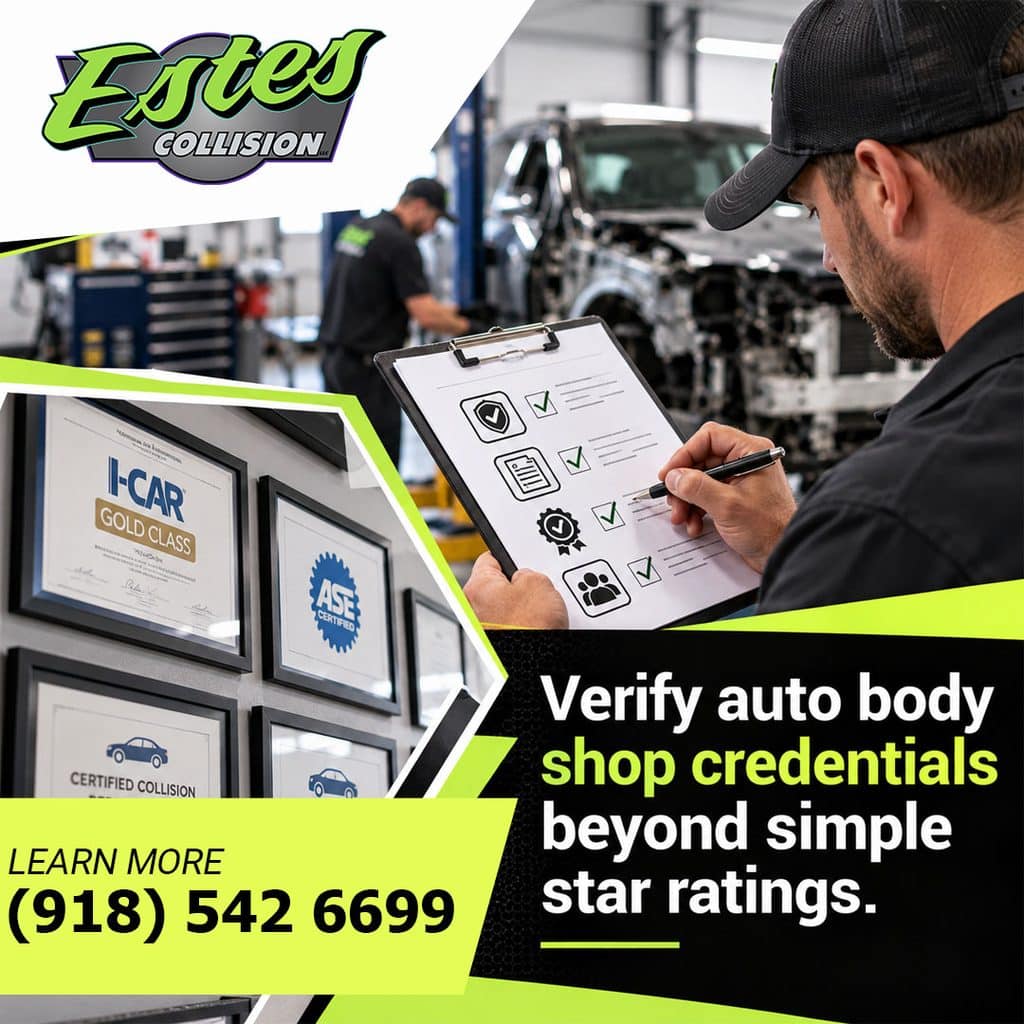 A technician reviewing a quality checklist on a clipboard beside framed I-CAR Gold Class and ASE certifications on an auto body shop wall.
