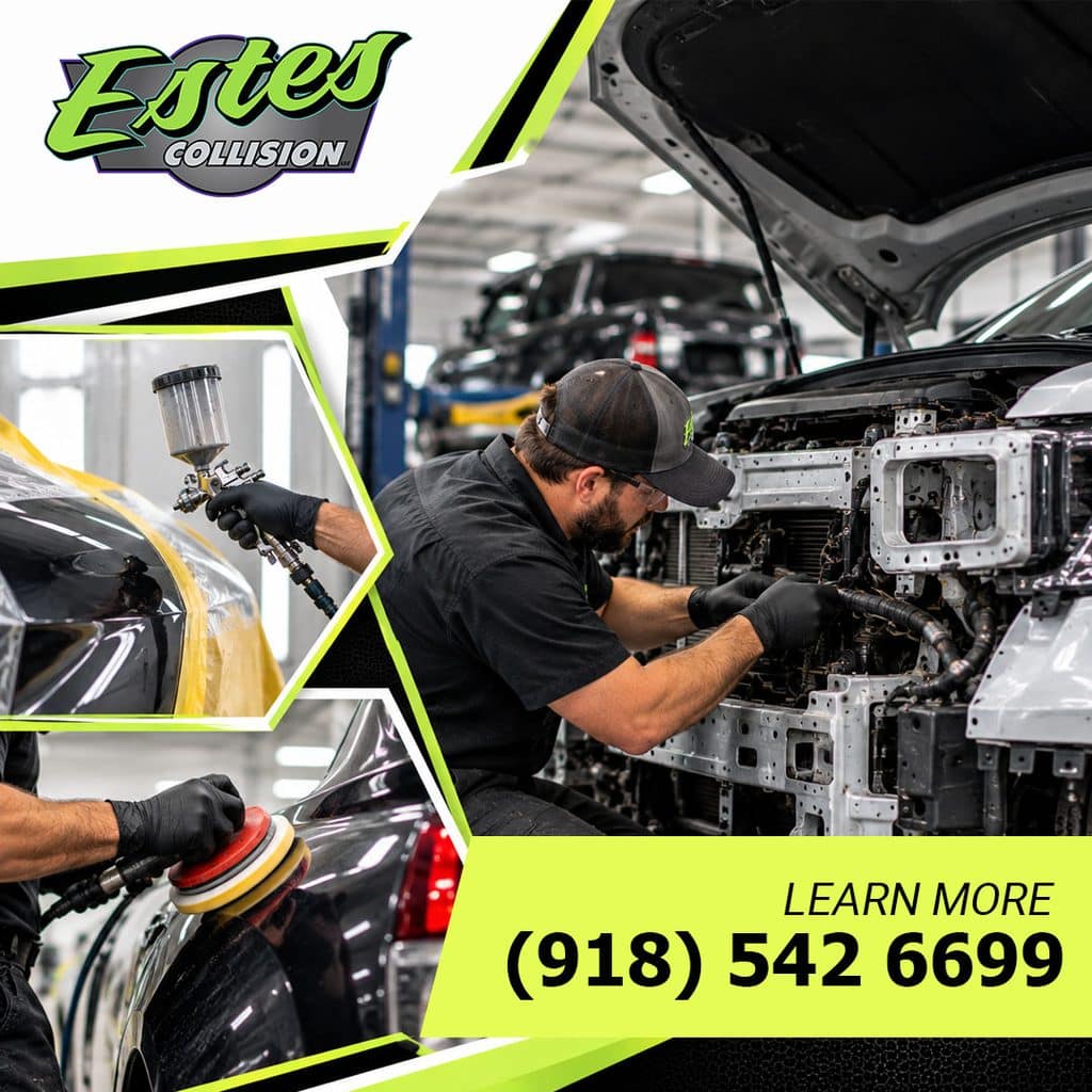 An auto collision technician repairing front-end wiring harnesses on a disassembled vehicle, with insets showing paint booth spraying and rotary panel buffing.