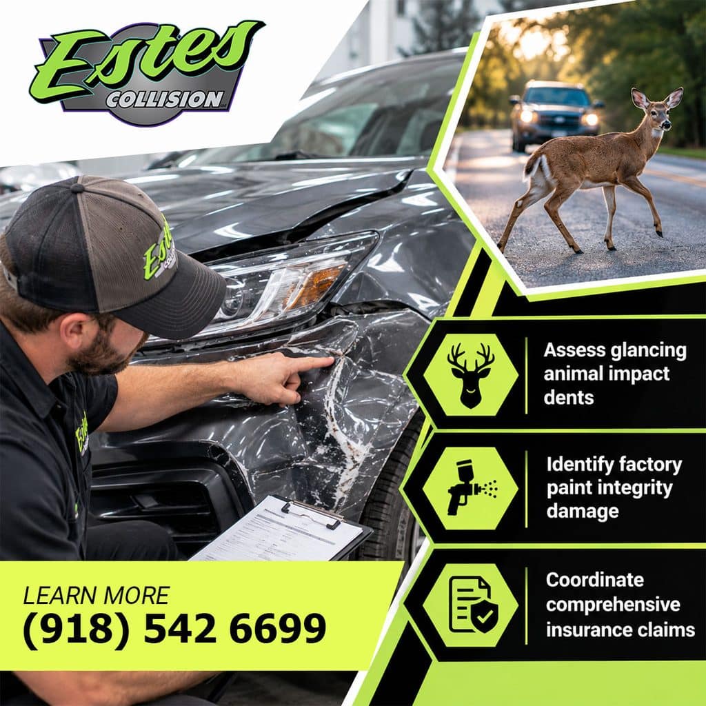 An auto damage estimator inspecting a cracked front bumper and fender from a deer collision alongside a deer crossing the road in front of traffic.
