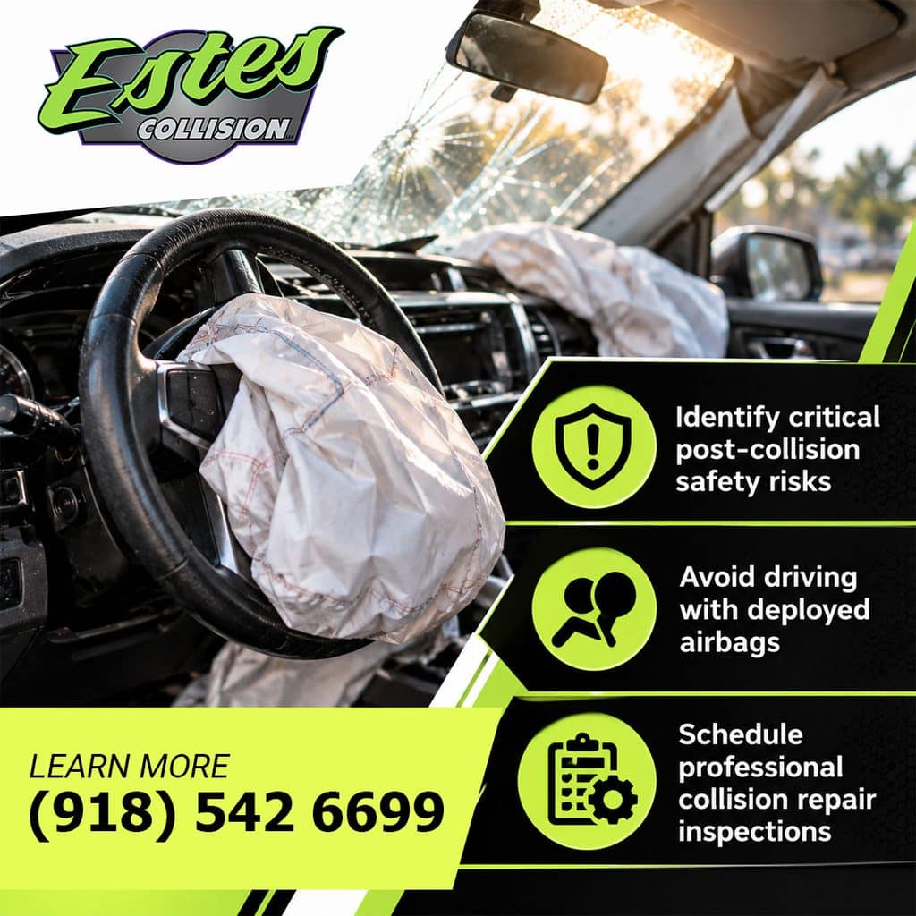 Vehicle interior with deployed airbags and a cracked windshield after a collision