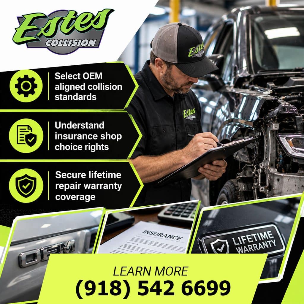 An auto body estimator writing on a clipboard in front of a damaged car, with insets highlighting OEM standards, insurance paperwork, and lifetime warranty coverage.