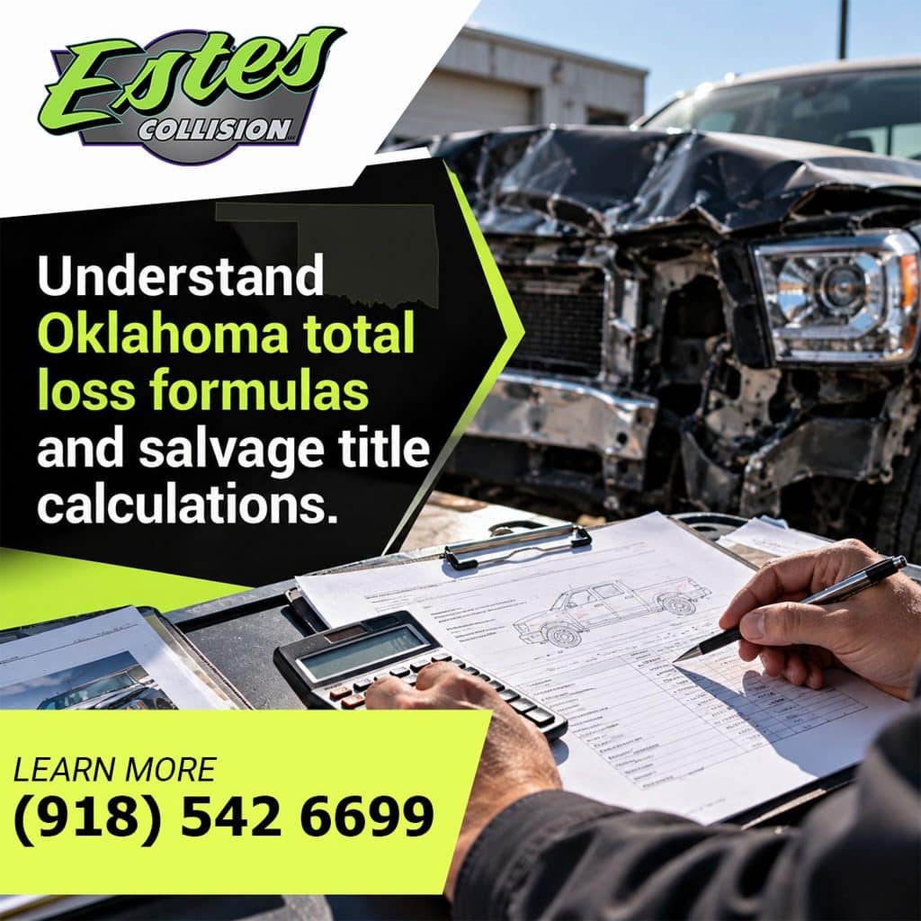 Hand marking a vehicle damage report beside a calculator in front of a severely wrecked pickup truck
