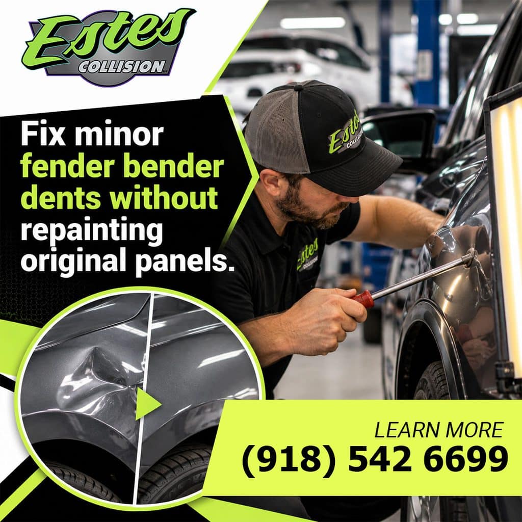 A technician using a paintless dent repair tool and reflection light board on a vehicle quarter panel, with a before-and-after dent removal inset.
